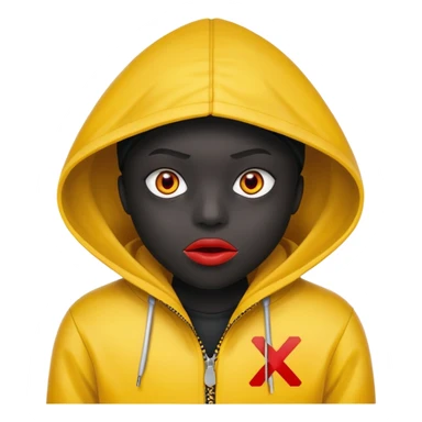 Has un personaje con chaqueta amarilla y que tenga la capucha puesta que tenga ojos de x de color rojo una línea de boca de color blanco y que su piel sea de color negro lápiz  sticker
