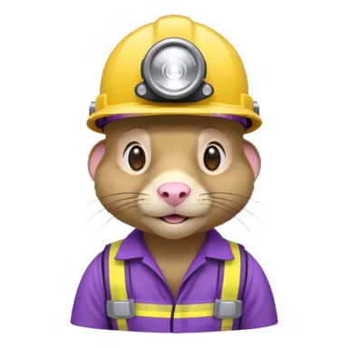 a mole rat, purple helmet, headlamp, yellow worker cloth sticker