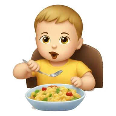 A baby eat his first food in the chair for kids by the table  sticker