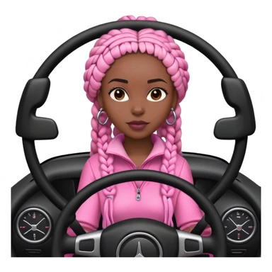 A dark-skinned Black woman with black box braids, hands on the steering wheel, looking ahead. Pink car sticker