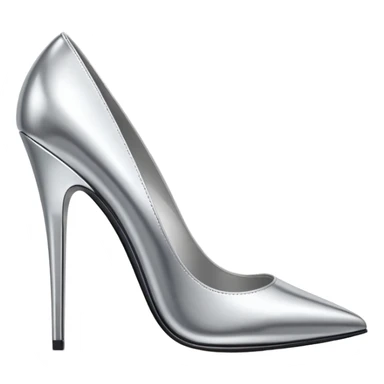 A pair of high heel shoes emoji made of polished silver chrome, elegant sharp silhouette, smooth metallic surface, glossy reflections, luxury sexy vibe, minimalistic iOS emoji style, centered, clean white background sticker