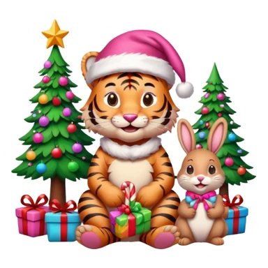 Smiling Pink tiger with Santa sitting with a bunny as friends and brightly lit colorful Christmas trees and candy canes 🎁  sticker