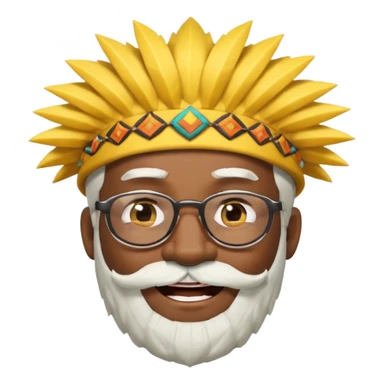 50 year old man, spiky hair, winking one eye, smiling brightly, black skin, raised eyebrows, wearing glasses, white hair and beard, wearing a yellow hat like a tribal chief, emoji style, style 3 sticker