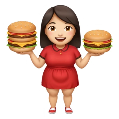n create a humongous asian girl with 2 burgers and a cookie in her mouth, she is super fat, please make her a full body emoji sticker