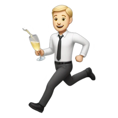 White man with very short hair runs with a carton of champagne sticker