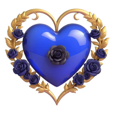 3D emoji gothic heart, midnight blue glass, silver crescent moon, tiny black roses, mysterious and rich sticker