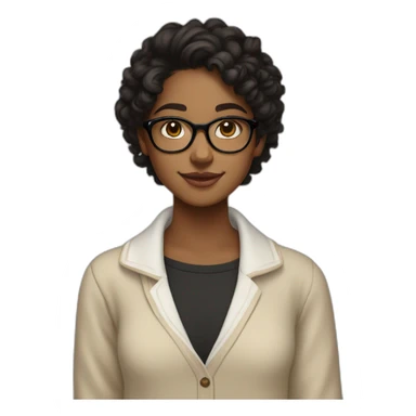 smiling dark skin indian teenage girl with black curly hair and glasses wearing a collared long sleeve white shirt under a beige v shaped collar sweatervest with no buttons sticker