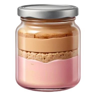 small glass jar filled with coarse beige to light pink pâté, smooth slightly uneven surface, metal lid, visible layers of texture through transparent glass, fine fat cap on top, no label, no garnish, no bread, sealed jar, soft lighting, subtle shadows, emoji scale sticker