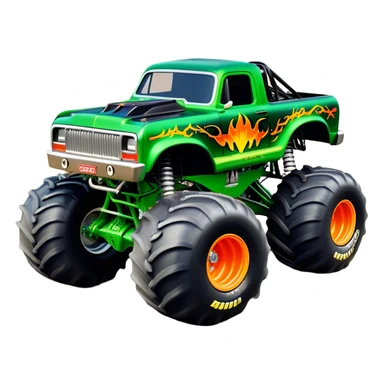 Grave Digger - Monster Jam (Model Year: 2022) (Iconic colour: Green with flames) - A legendary monster truck with a fearsome design: predominantly deep green with dynamic, vibrant flame graphics in bright orange and yellow. Highlight its rough, edgy bodywork and an aura of untamed rebellion. sticker