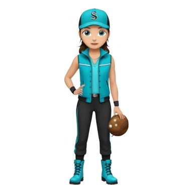 A landscaper in a beautiful turquoise jacket and turquoise boots, black pants, and a black sleeveless shirt. On his head is a black Swissotel baseball cap. The girl is a brunette with blue eyes. sticker