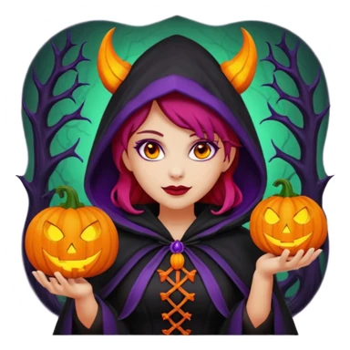 female-succubus-emoji,-red-skin,-purple-eyes,-elegant-face,-pumpkin-wreath-on-head,-black-hooded-cloak-with-cobweb-details,-holding-small-glowing-pumpkin-lantern,-halloween-fantasy sticker