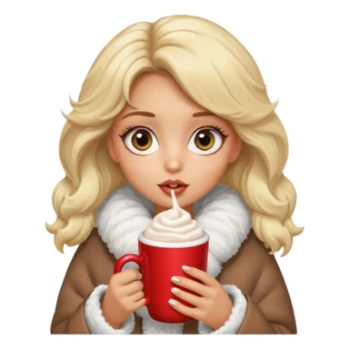 Tanned Girl with lashes , blonde hair, in an extremely big fluffy oversized coat and hold hot chocolate drink and big eyes, big lip sticker