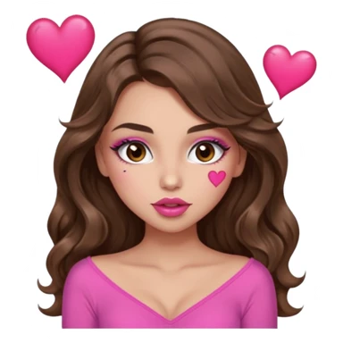 girl with long wavy brown hair, brown eyes, long lashes makeup, sexy pink lips, light to medium complexion, wearing a pink sexy top, sexy , puckering, blushing, kissing a heart sexy sticker
