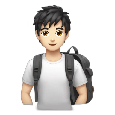 Boy white skin black hair brown eyes gray t-shirt with backpack anime style sticker
