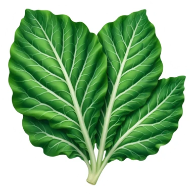 single chard leaf with broad vibrant green blades and thick white rib running down the center, slightly crinkled matte texture, natural curves, visible veins, no bunch soil or extras, soft lighting, subtle shadows, emoji scale sticker
