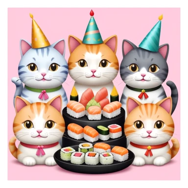 Nine cats eating sushi at a birthday party sticker