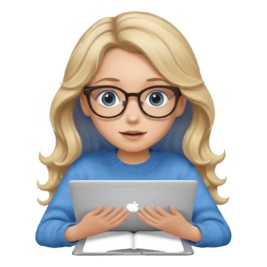 blonde girl with long dark blonde wavy hair, blue big eyes, pantos-style glasses, a brown sweater, sitting and looking in laptop, soft pastel, upper body shot sticker