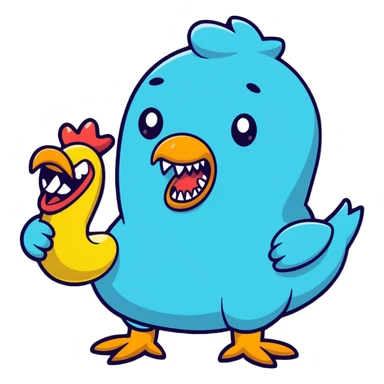 bulging eyes, unhinged grin, too many teeth, one eyeball twitching, tongue out sideways, sweating, glitching, peace sign, holding cursed rubber chicken sticker