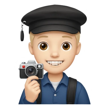 cartoon schoolboy with black cap prominent front teeth holding a camera in his hand sticker