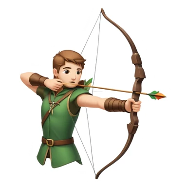 A skilled archer, resembling Robin Hood, drawing a bow and releasing an arrow towards a target. The scene captures the perfect moment of release, with the bowstring taut and the arrow flying toward the bullseye, set in a forest or archery range background. sticker