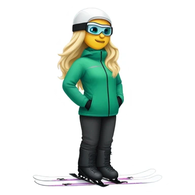Green-eyed, fat female skier with long straight blonde hair, glasses, white ski helmet, grey snow jacket, long black pants, black only snow boots standing tall. sticker