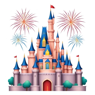 Shanghai Disney Castle with fireworks, simplified emoji style with bold outlines and bright colors, cartoon style fairy tale castle sticker