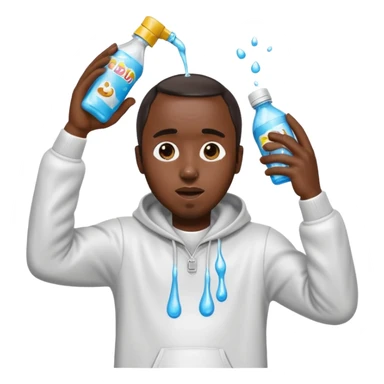 Diddy holding a bottle of baby oil, pouring it over his head, with the liquid mid-motion and dripping all over, emoji style sticker