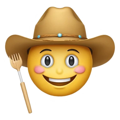 A regular smiley face emoji wearing a cowboy had with a toothpick sticking out of its mouth sticker