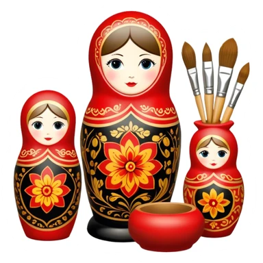 Wood painting icon, process of creating painted wooden matryoshkas (nesting dolls) of various sizes, vase, and small wooden box, visible carving tools, paintbrushes, traditional patterns in bright colors like red, gold, and black, no finished artwork, just the crafting process, minimalistic style, clean lines, transparent background. sticker