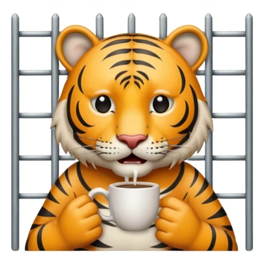 a tiger crying with tears in its eyes holding a cup of coffee behind jail bars  sticker