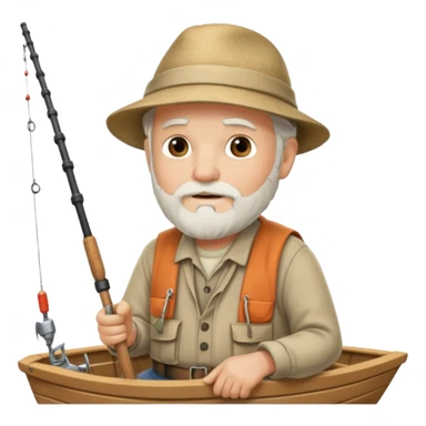 an old white haired, bearded man in fisherman attire, sat in a boat at sea, holding a fishing rod and catching fish with it. sticker