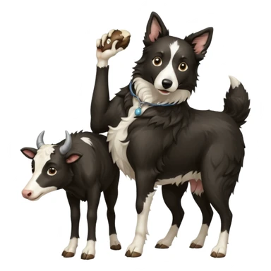 A black and white border collie werewolf, standing on her hind legs, holding a cow's hoof. sticker
