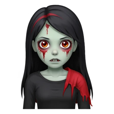 Garota zumbi com cabelo todo preto liso longo e mechas vermelhas na lateral da cabeça dos dois lados, usando uma blusa com um lado da manga caida preta  sticker