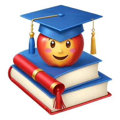 Apple emoji style graduation cap with a blue tassel, floating above an open book, clean background, cheerful sticker