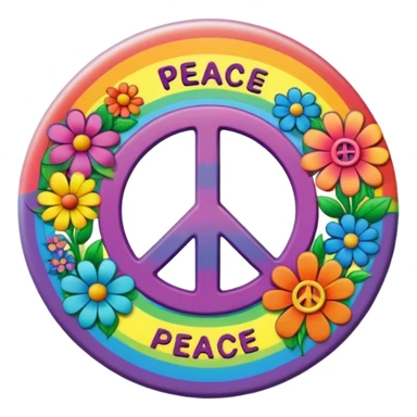 A round psychedelic colored button with the word “peace” in the center with rainbow colored hippie style flowers sticker
