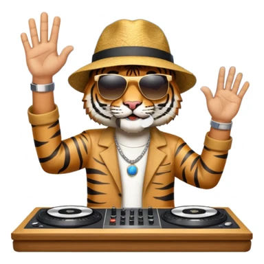 Un tigre con sombrero estilo cubano, una mesa de dj y gafas de sol. Una mano en la mesa de dj y la otra mano señalando al cielo a Dios. La otra mano encima de la mesa de dj por favor  sticker