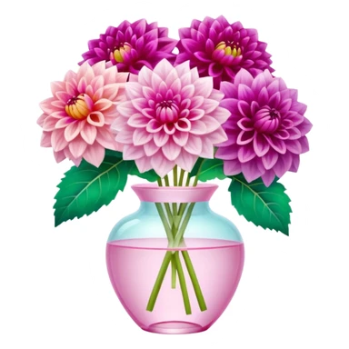 4k quailty, 8000x8000px resolution, hyperrealism, ultra detailed, very full lush Dahlias in bright and vivid colors with blooming petals, in a crystal translucent pale pastel pink vase, with a large 3D bow around vase. Still life, masterpiece  sticker