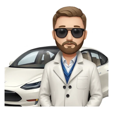 White tesla model 3 with one cool physician with dark blond hair, beard and dark sunglasses next to it sticker