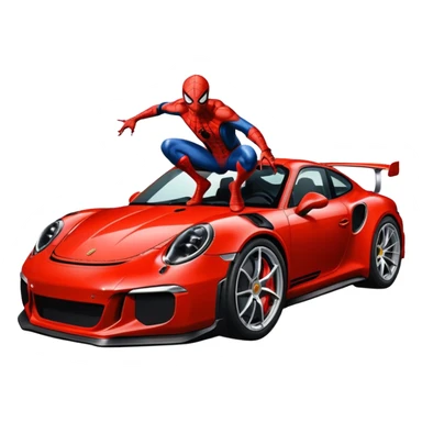 Die-cut sticker of Spider-Man sitting on a Porsche 911 GT3 RS, bold vector art, thick white border, isolated on green hilly background. sticker