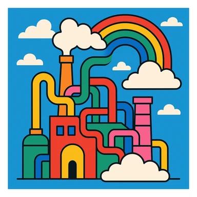 a whimsical rainbow factory with colorful pipes and clouds, vibrant and playful sticker