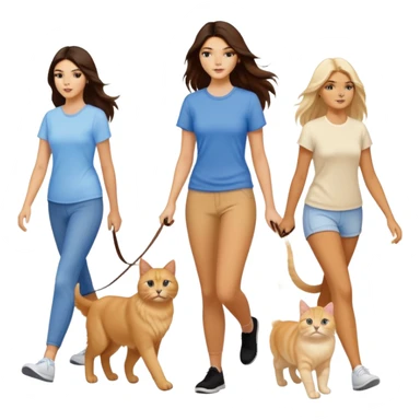 Kendall Jenner with long brown hair walking a golden retriever dog and three cats, two cream colored cats and one white and blue cat sticker