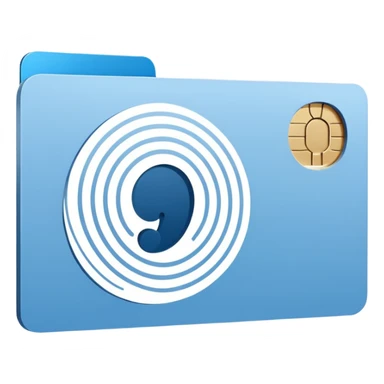 Minimalist blue Telegram channel icon of a card back. The card is face down, slightly tilted. A single, elegant fingerprint spiral is centered on the card back, symbolizing identity and unique associations. Monochromatic blue and white. Clean, flat design. sticker