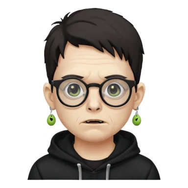 Chico moreno zombie, con gafas y sudadera negra, dos aretes en la oreja izquierda y dos en la derecha, ojeras en los ojos y sticker