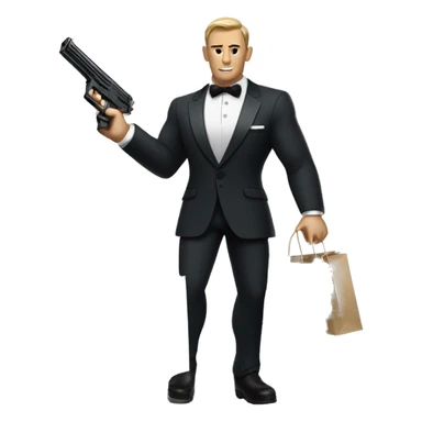 james bond holding shopping bags and a gun sticker