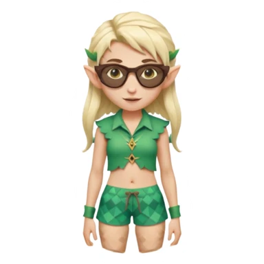 elf female legolas portrait, patterned board shorts (geometric/abstract), unique wooden-framed sunglasses, undercut hairstyle, slight smirk, visible pointy ears, no background, centered emoji, hipster summer vibe sticker
