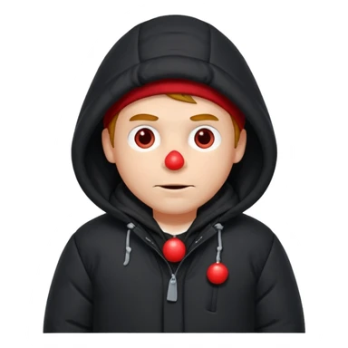 A man sitting on a chair, wearing a puffed coat with hood, hands in his pocket, freezing in the winter sticker