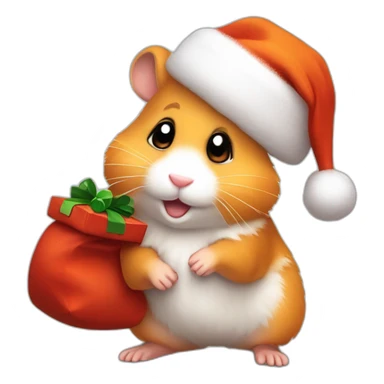 A joyful (((Orange Hamster))) dressed as ((Santa Claus)), with a warm expression and and a sack of gifts with a christmas hat, pixelart sticker