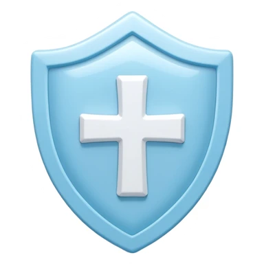 A cute 3D render icon of a protective shield. Rounded edges, plump, glossy plastic material. Sky blue and white color palette. A subtle, soft white cross or heart symbol embossed in the center. Clean studio lighting, soft shadows. Isolated on a light pastel background. Minimalist design. sticker