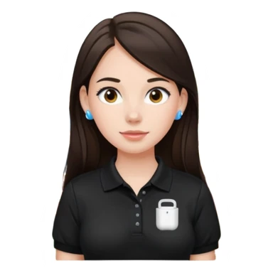 Girl with long dark brown hair with airpods wearing a black wegmans grocery store polo sticker