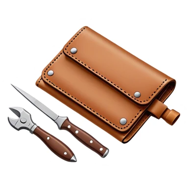 Leatherworking icon, piece of raw leather being crafted into a leather wallet or belt with engraving, professional tools like leather stitching awl, edge beveler, hammer, prying tool, minimalistic style, clean lines, transparent background. sticker